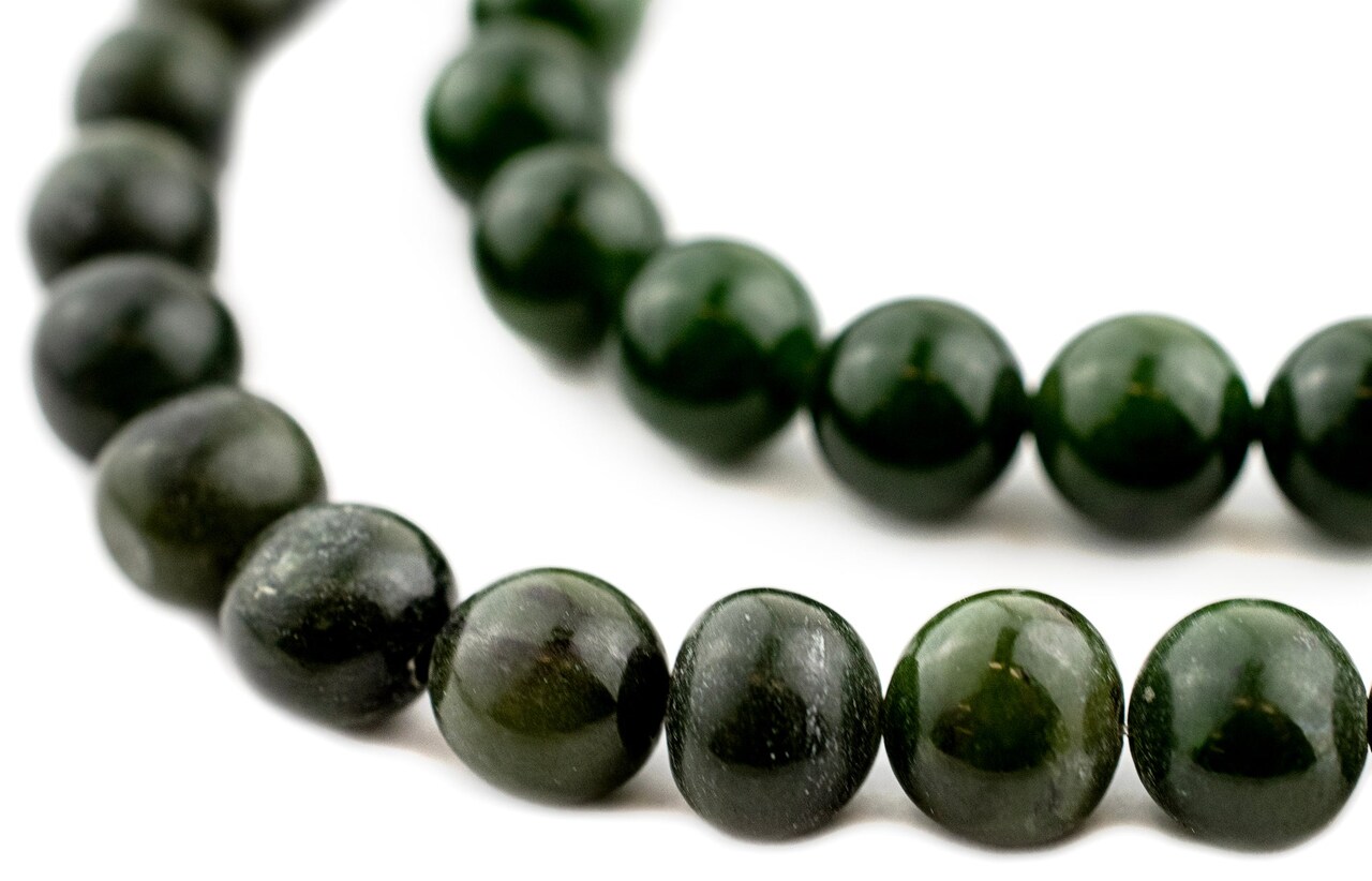 The Bead Chest Round Dark Green Nephrite Jade Beads 10mm Gemstone 16 Inch Strand